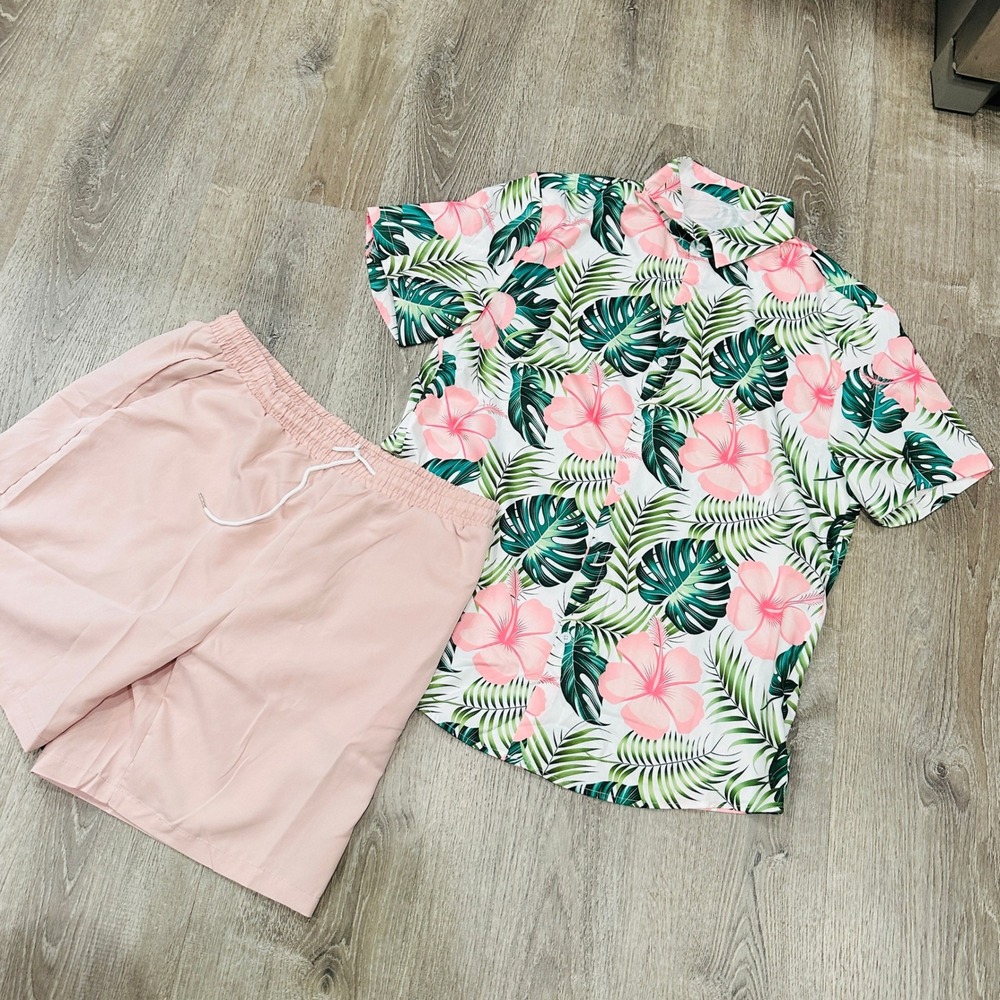 Manfinity Mens XXL Tropical Floral Shirt &Shorts Matching Set Pink Green White